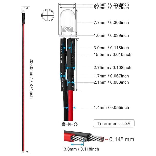 PREWIRED LED RED CLEAR 5MM 12V