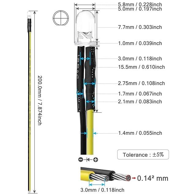 PREWIRED LED WARMWHITE 5MM 12V