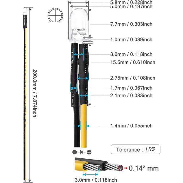 PREWIRED LED YELLOW CLEAR 5MM 12